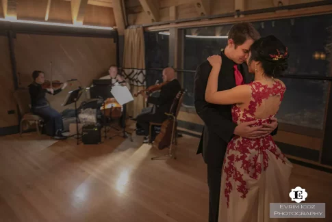 Bride and Groom doing their first dance at a wedding reception at Timberline Lodge Raven's nest